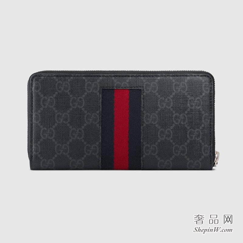 Gucci 黑色/灰色GG Supreme 帆布织带全拉链式皮夹408831 KHN4N 1095