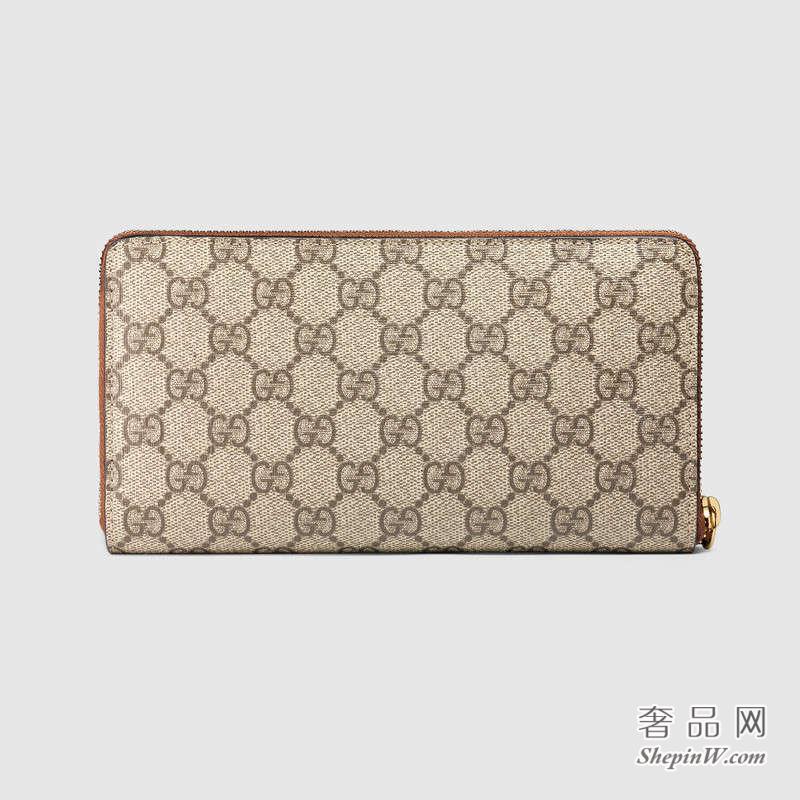 Gucci GG Supreme 米色配棕色全拉链式皮夹 款号410103 KLQHG 8526