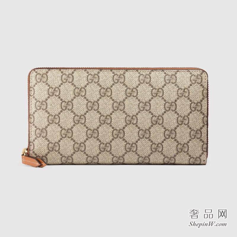 Gucci GG Supreme 米色配棕色全拉链式皮夹 款号410103 KLQHG 8526