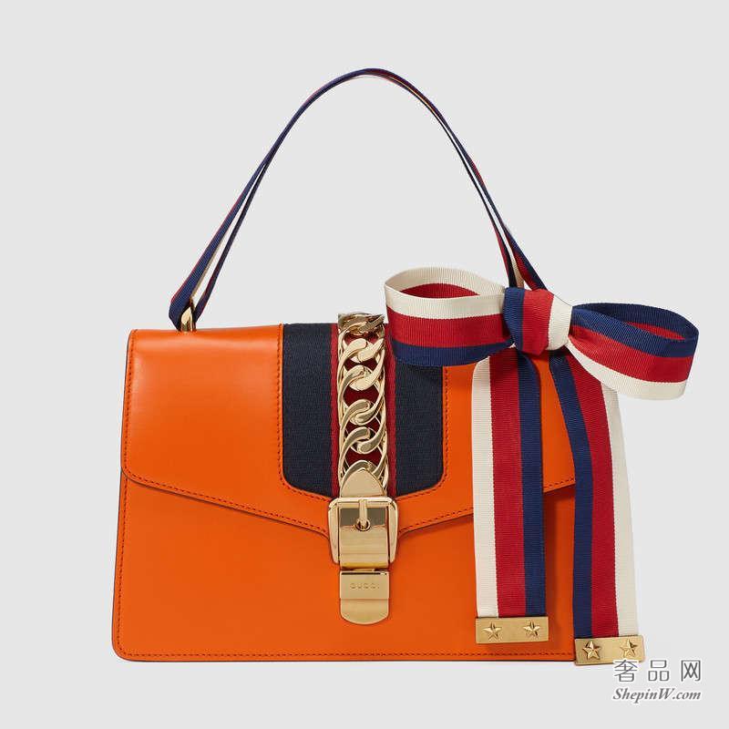 Gucci Sylvie真皮肩背包 橘色 421882 CVLEG 7574