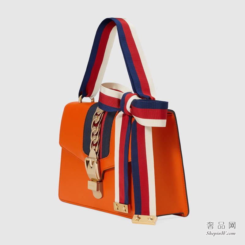 Gucci Sylvie真皮肩背包 橘色 421882 CVLEG 7574