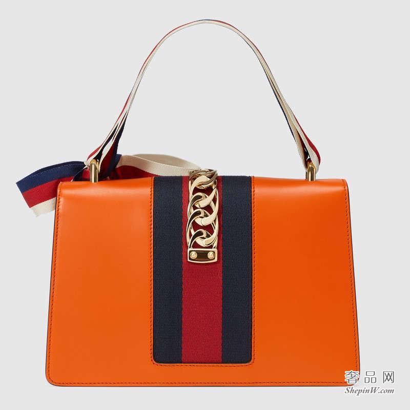 Gucci Sylvie真皮肩背包 橘色 421882 CVLEG 7574