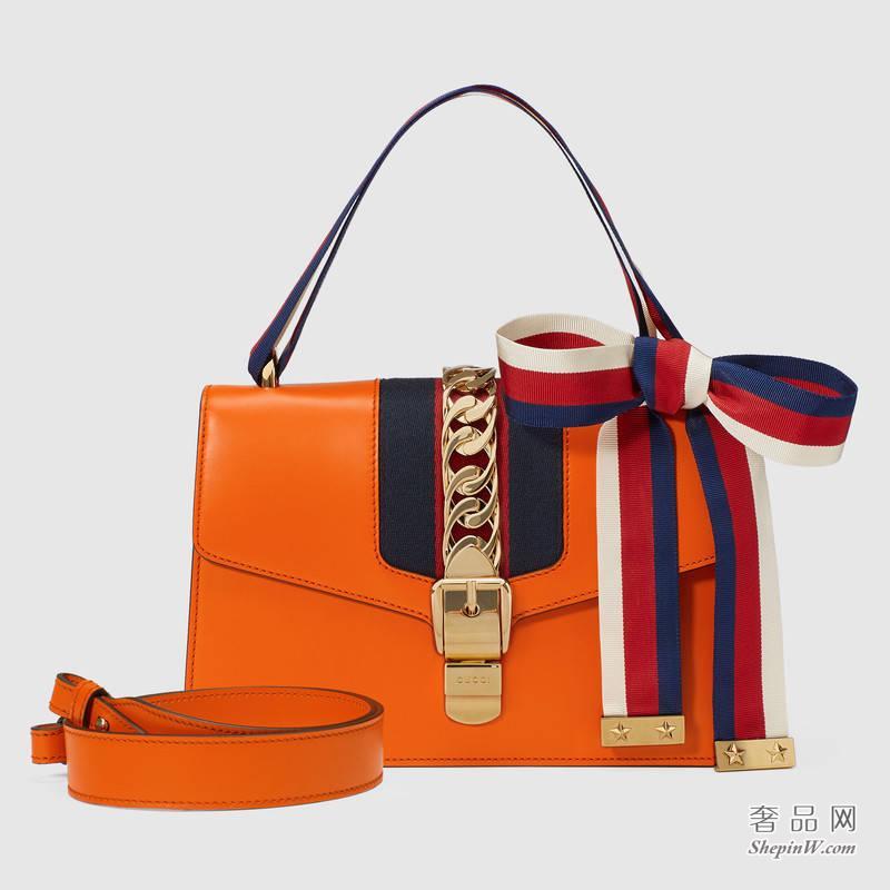 Gucci Sylvie真皮肩背包 橘色 421882 CVLEG 7574