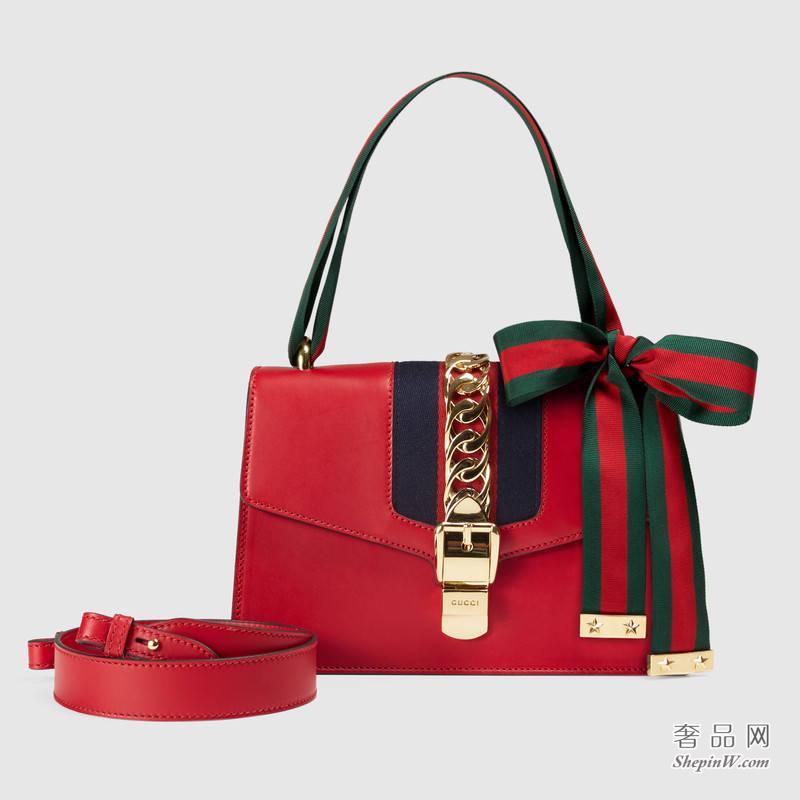 Gucci Sylvie真皮肩背包 芙蓉红421882 CVLEG 8604