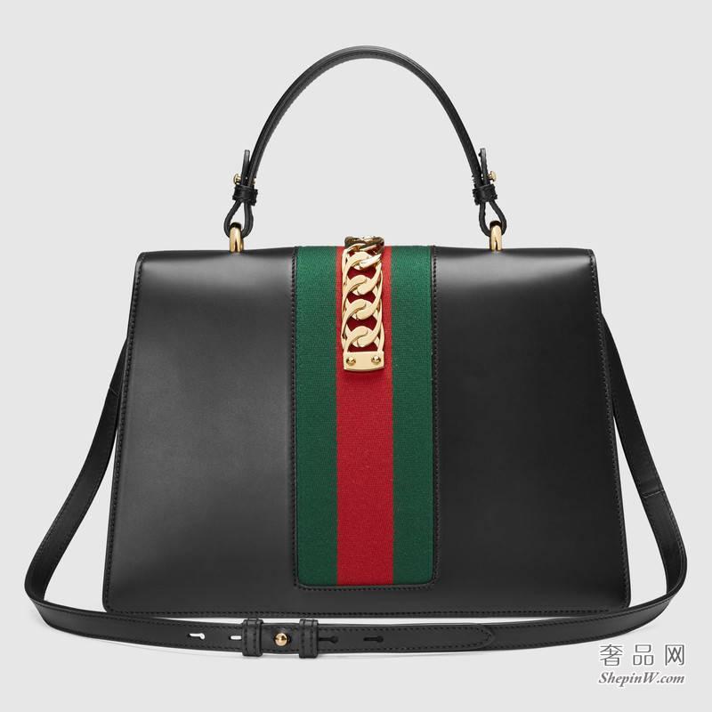 Gucci Sylvie真皮手提包 黑色431665 CVL1G 1060