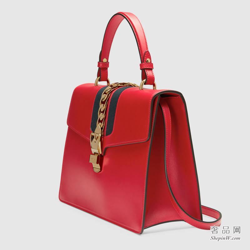 Gucci Sylvie真皮手提包 芙蓉红 431665 CVL1G 6473