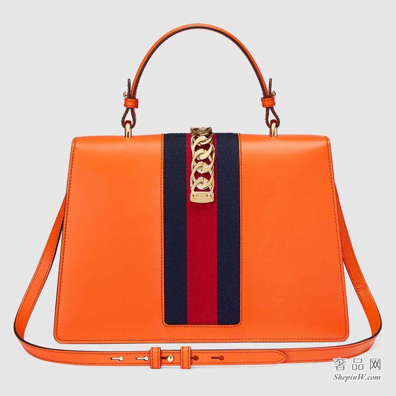 Gucci Sylvie真皮手提包 橘色 431665 CVL1G 7571