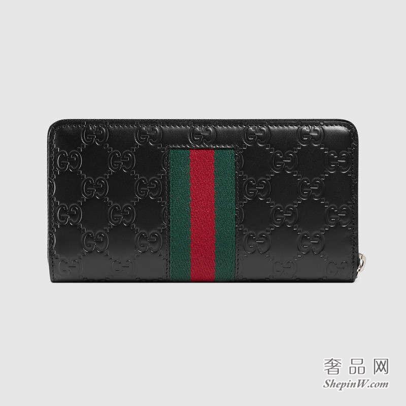 Gucci 黑色Signature织带全拉链式皮夹459138 CWCLN 1060