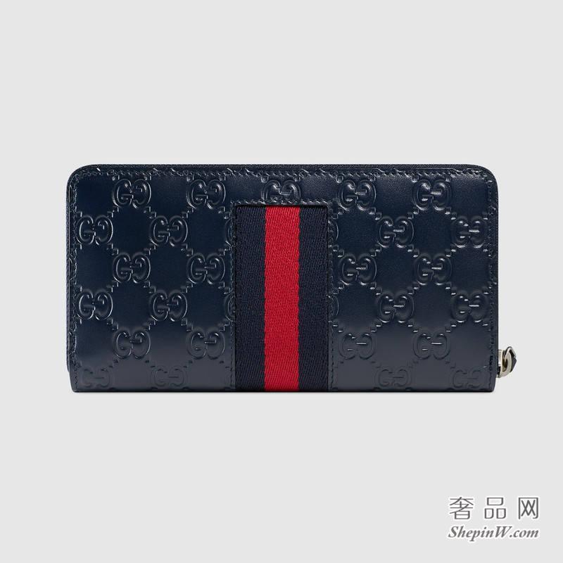 古驰 Gucci 蓝色Signature织带全拉链式皮夹459138 CWCLN 8497