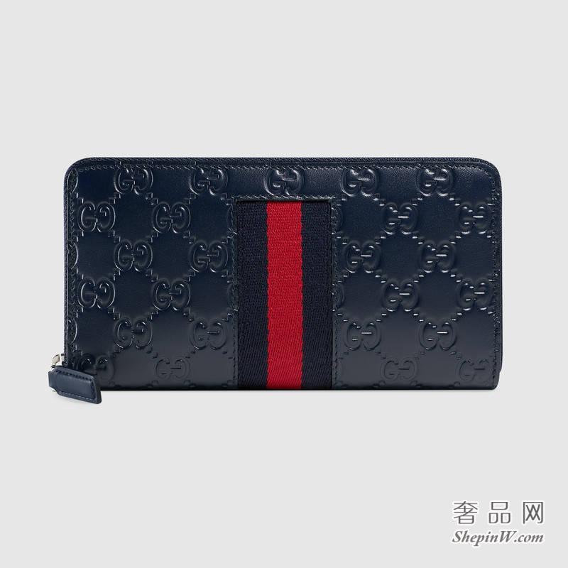 古驰 Gucci 蓝色Signature织带全拉链式皮夹459138 CWCLN 8497