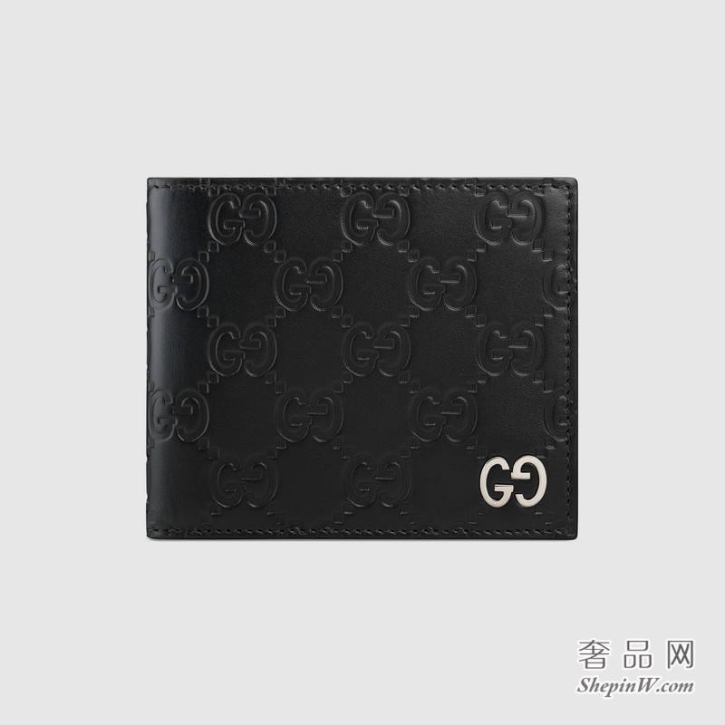 Gucci Signature黑色皮夹 金属GG双折钱包473916 CWC1N 1000