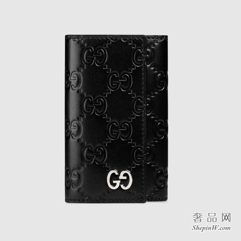 黑色Gucci Signature真皮金属GG钥匙包钥匙扣473924 CWC1N 1000