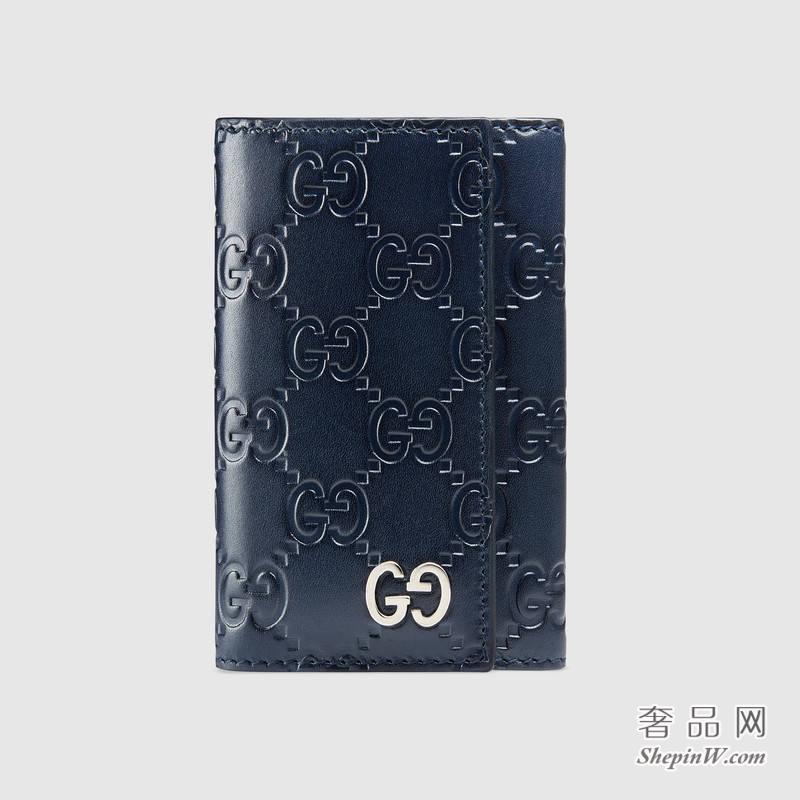 蓝色Gucci Signature金属GG真皮钥匙包 473924 CWC1N 4009