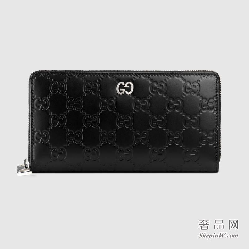 Gucci金属GG Signature黑色全拉链式皮夹473928 CWC1N 1000