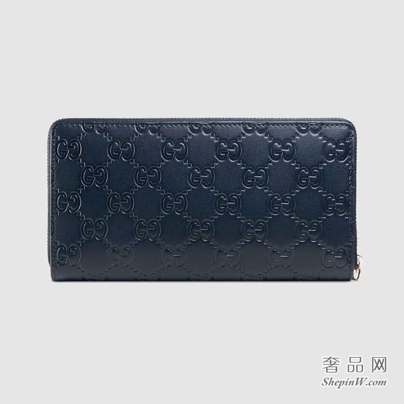 Gucci金属GG Signature蓝色全拉链式皮夹473928 CWC1N 4009