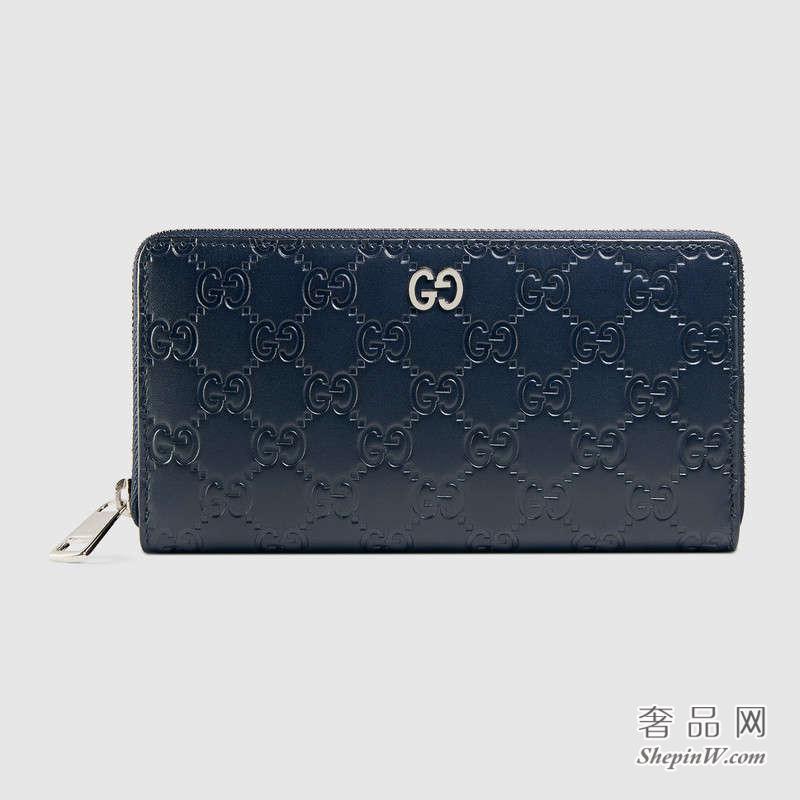 Gucci金属GG Signature蓝色全拉链式皮夹473928 CWC1N 4009