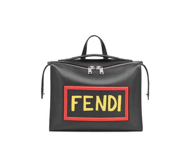 芬迪Fendi黑色 LUI手袋 缀黄色皮革和红色橡胶FENDI字样
