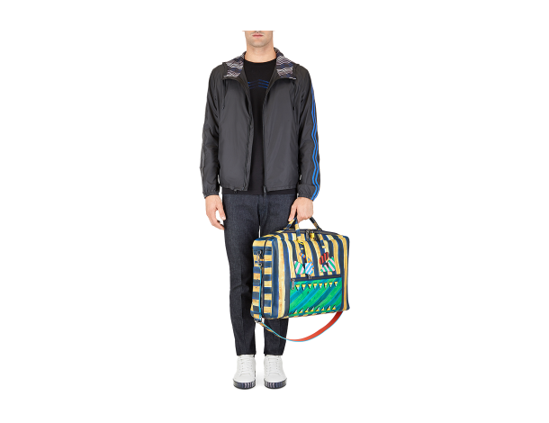 芬迪Fendi 长方形双色条纹图案浮雕多色贴花 男士旅行袋