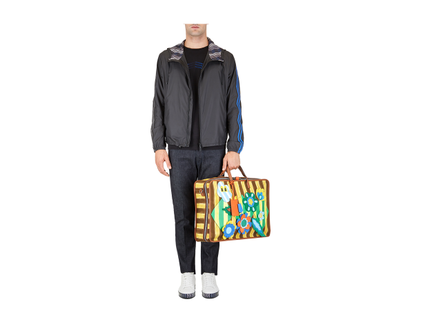 芬迪Fendi 长方形双色马克笔风格条纹图案 男士旅行袋 花朵和云彩造型