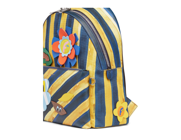 芬迪Fendi  印花棉质帆布背包 黄蓝马克笔风格条纹图案