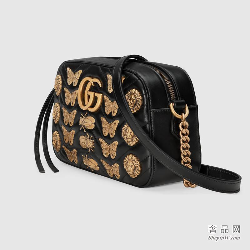 Gucci GG Marmont动物造型古铜色铆钉黑色真皮肩背包