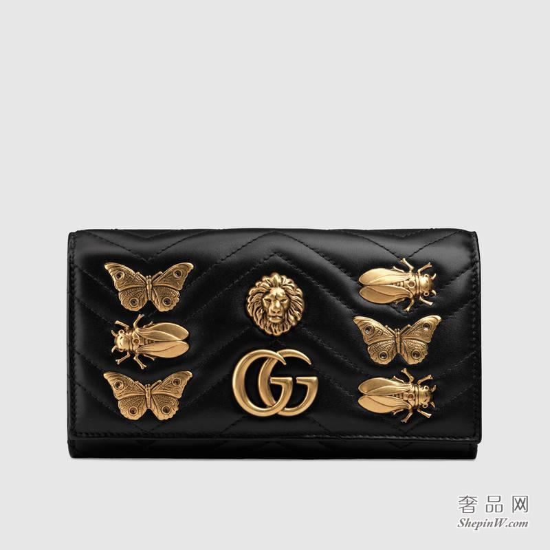Gucci GG Marmont动物造型古铜色铆钉长款皮夹 443436