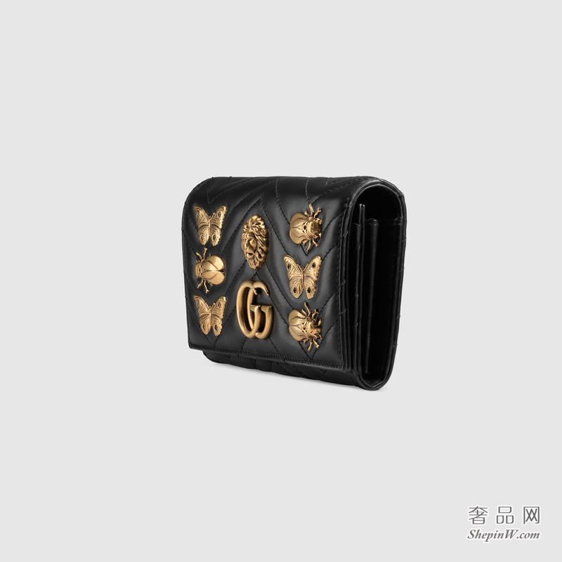 Gucci GG Marmont动物造型古铜色铆钉长款皮夹 443436