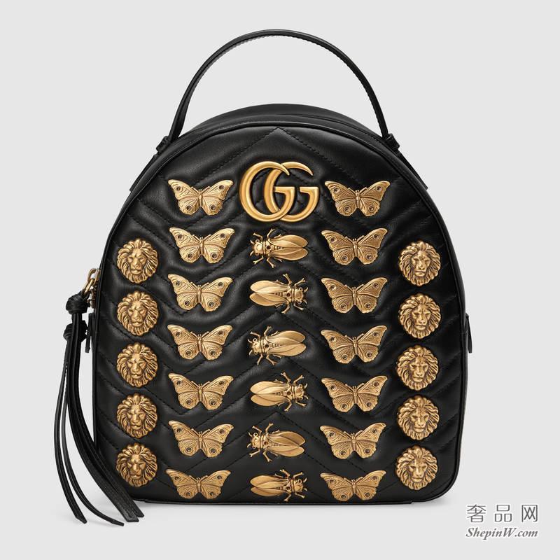 Gucci GG Marmont动物铆钉真皮金属动物铆钉背包