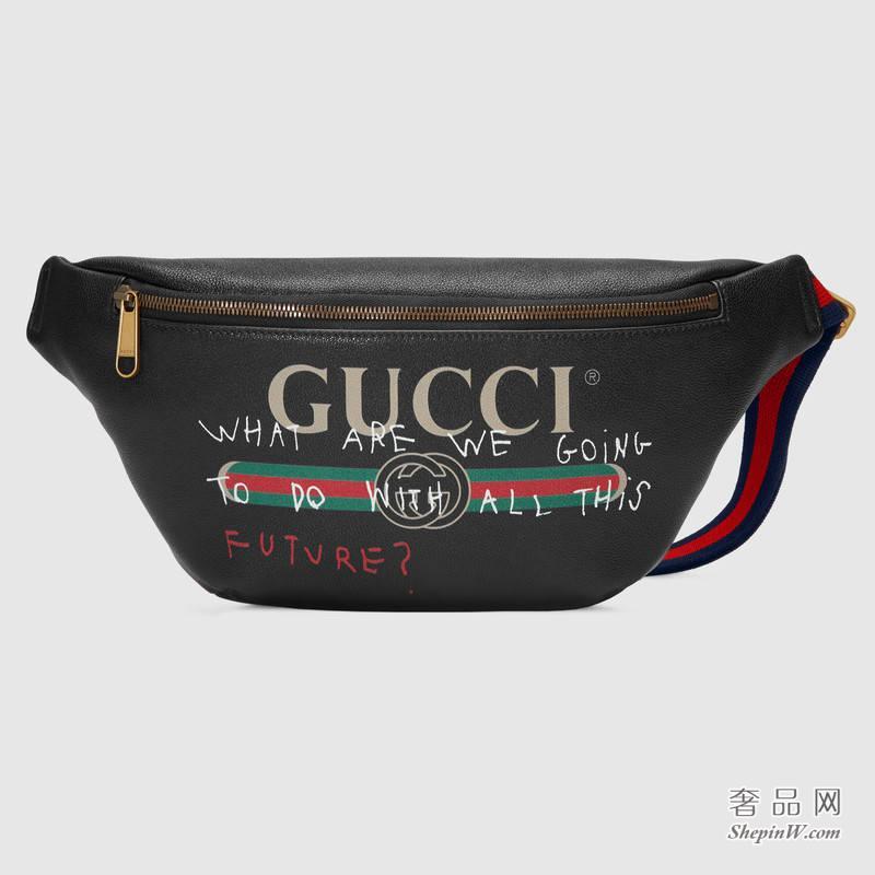 Gucci Coco Capitán特别合作系列黑色真皮腰包 493869