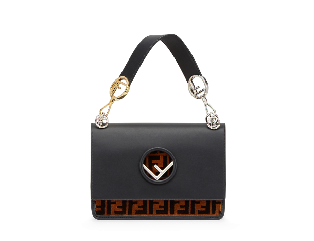 Fendi KAN I LOGO手袋中号 棕色和黑色经典双F图案