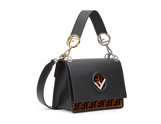 Fendi KAN I LOGO手袋中号 棕色和黑色经典双F图案