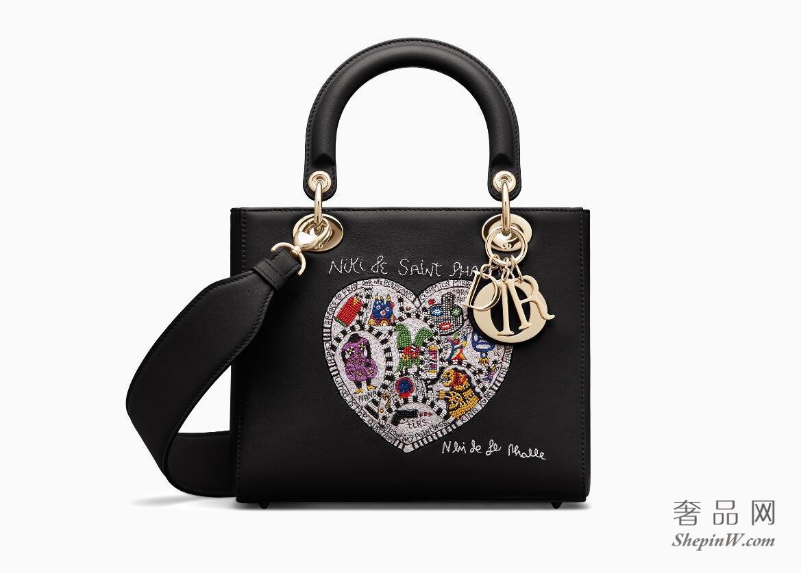 迪奥Lady Dior黑色光滑小牛皮手提包 Niki de Saint Phalle圆珠和丝线刺绣