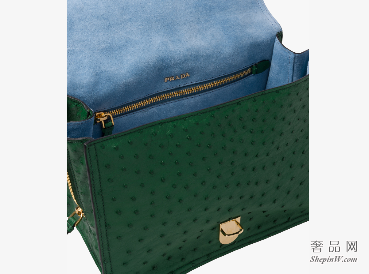 Prada Etiquette手袋GREEN/ ASTRAL BLUE鸵鸟皮单肩包