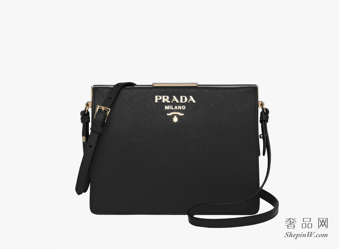 Prada 黑色 Light Frame Saffiano皮革拼小牛皮单肩包