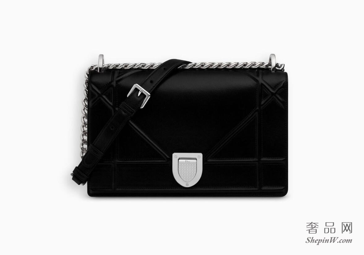 迪奥dior Diorama黑色小羊皮覆盖式手提包 银色盾形纹章锁扣