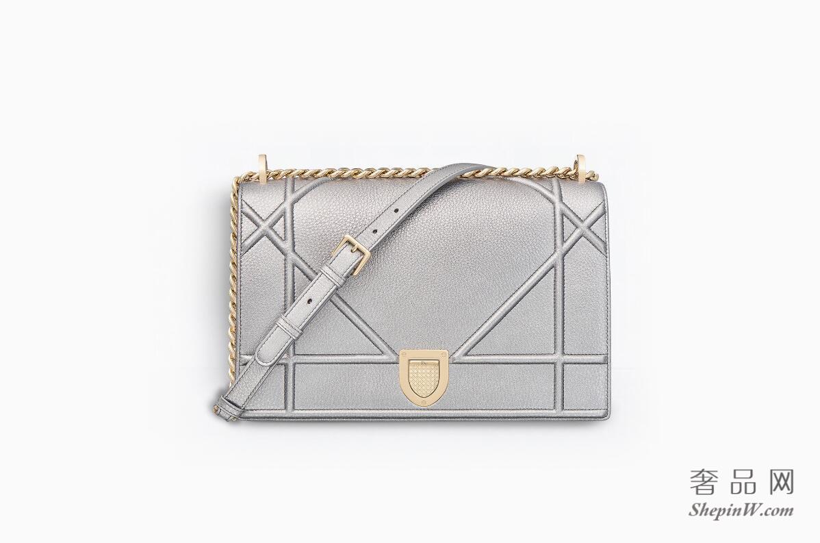 迪奥dior Diorama银色金属光泽Archicannage藤格纹图案粒面触感小牛皮手提包