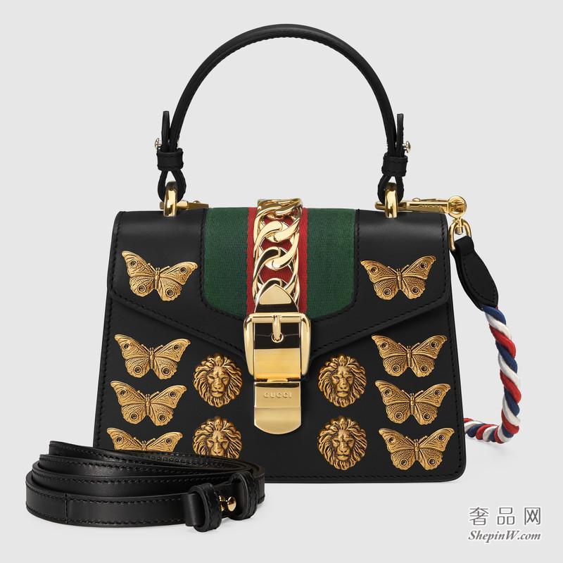 古驰Gucci Sylvie 系列动物造型铆钉皮革迷你手袋 470270 D4ZAX 8015