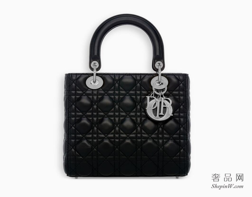 迪奥“Lady Dior”经典藤格纹“Cannage”缝线 黑色小羊皮手提包