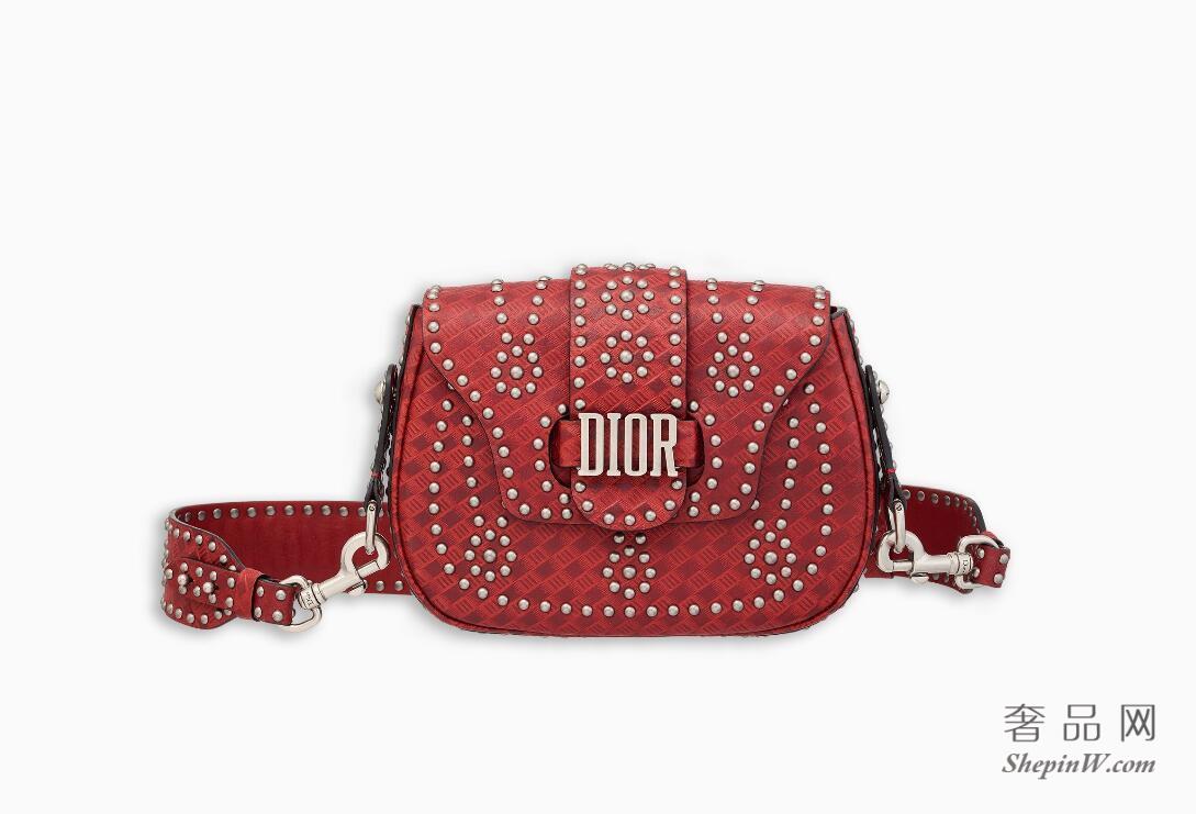 迪奥Dior “D-Fence”红色小母牛皮斜挎包 复古银色金属