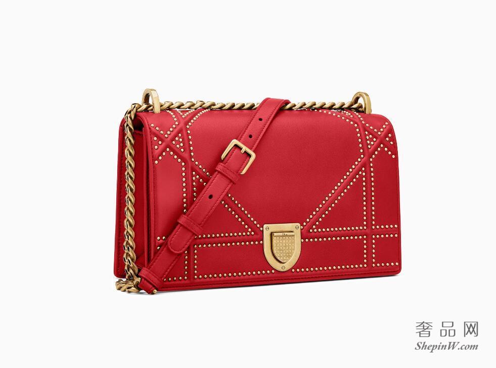 迪奥dior Diorama红色Archicannage藤格纹图案小羊皮手提包