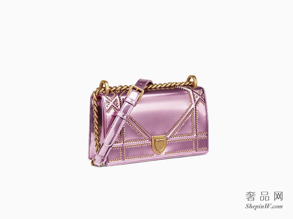 迪奥dior Diorama粉红色金属光泽Archicannage藤格纹图案镜面小牛皮小手提包