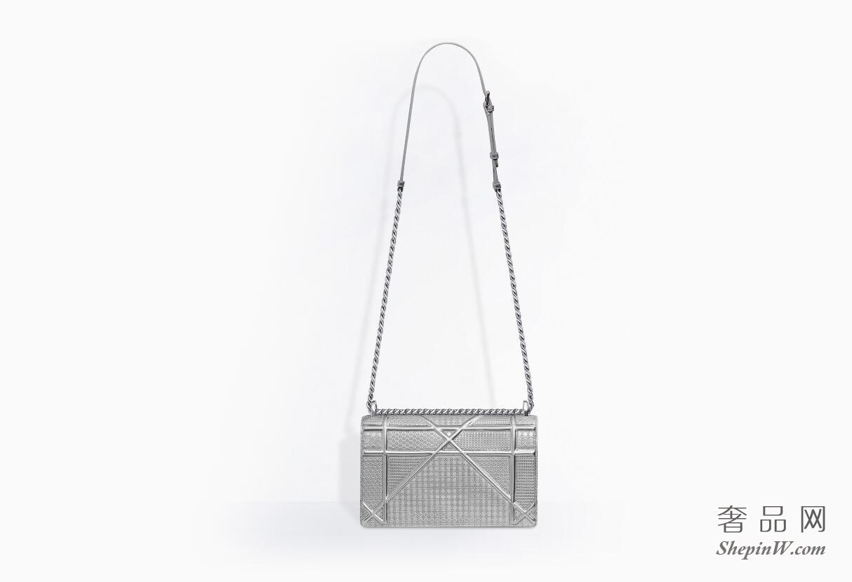 迪奥dior Diorama银色金属光泽藤格纹图案小牛皮翻盖式手提包