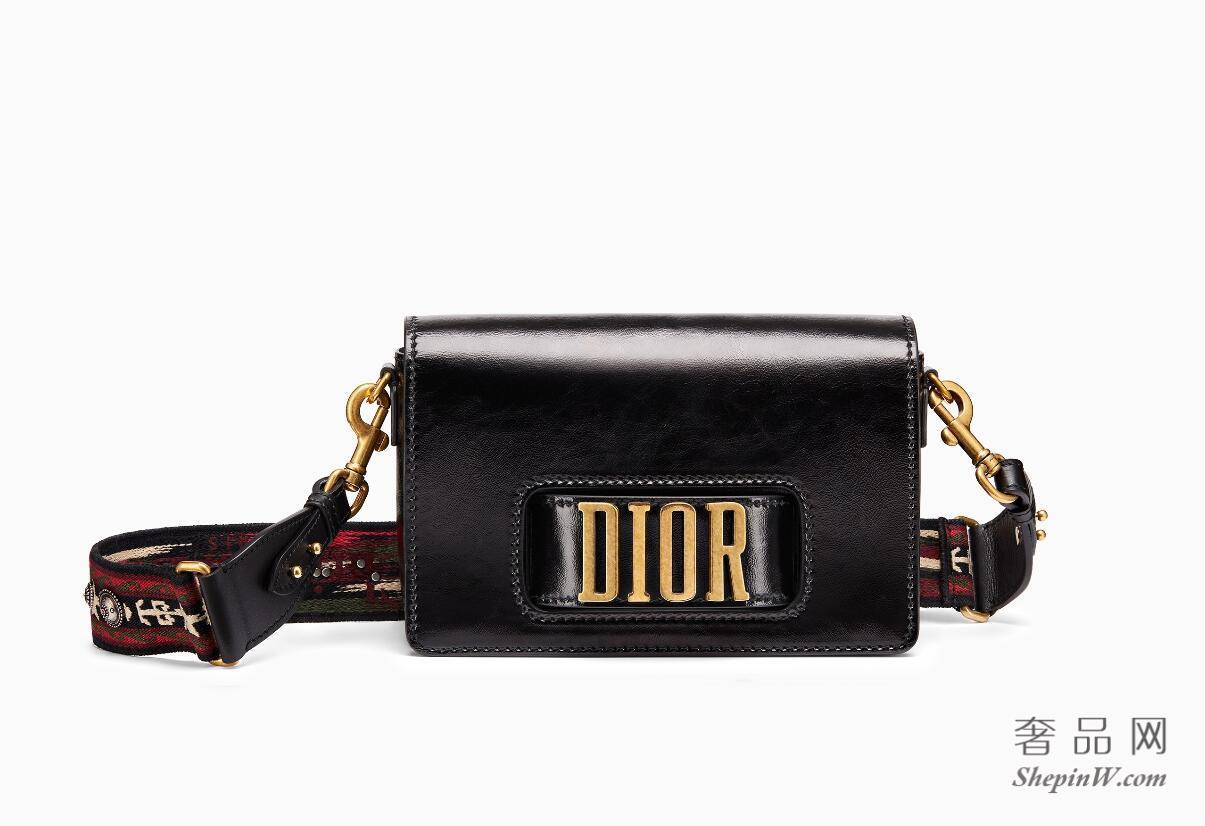 Dior evolution黑色褶皱牛皮翻盖手提包 波西米亚 红色刺绣帆布肩带