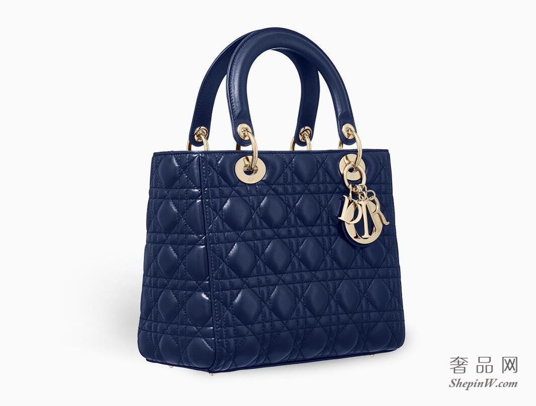 迪奥Lady Dior靛蓝色Cannage藤格纹 小羊皮手提包