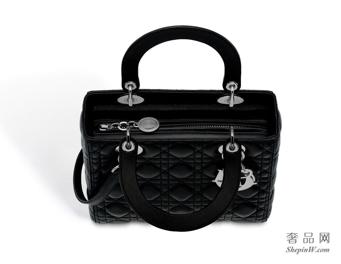 迪奥“Lady Dior”经典藤格纹“Cannage”缝线 黑色小羊皮手提包