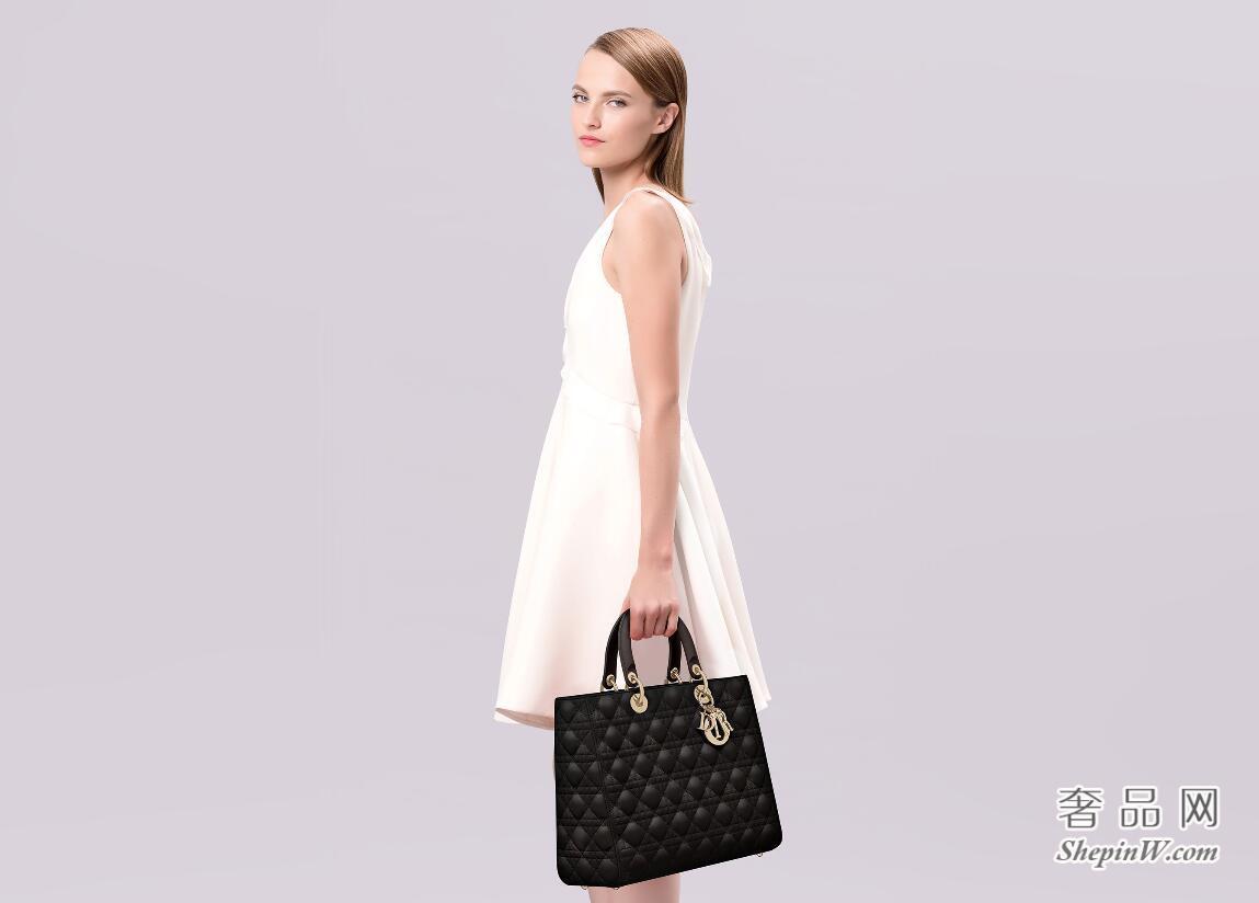 迪奥“Lady Dior”黑色小羊皮大手提包 经典藤格纹“Cannage”缝线
