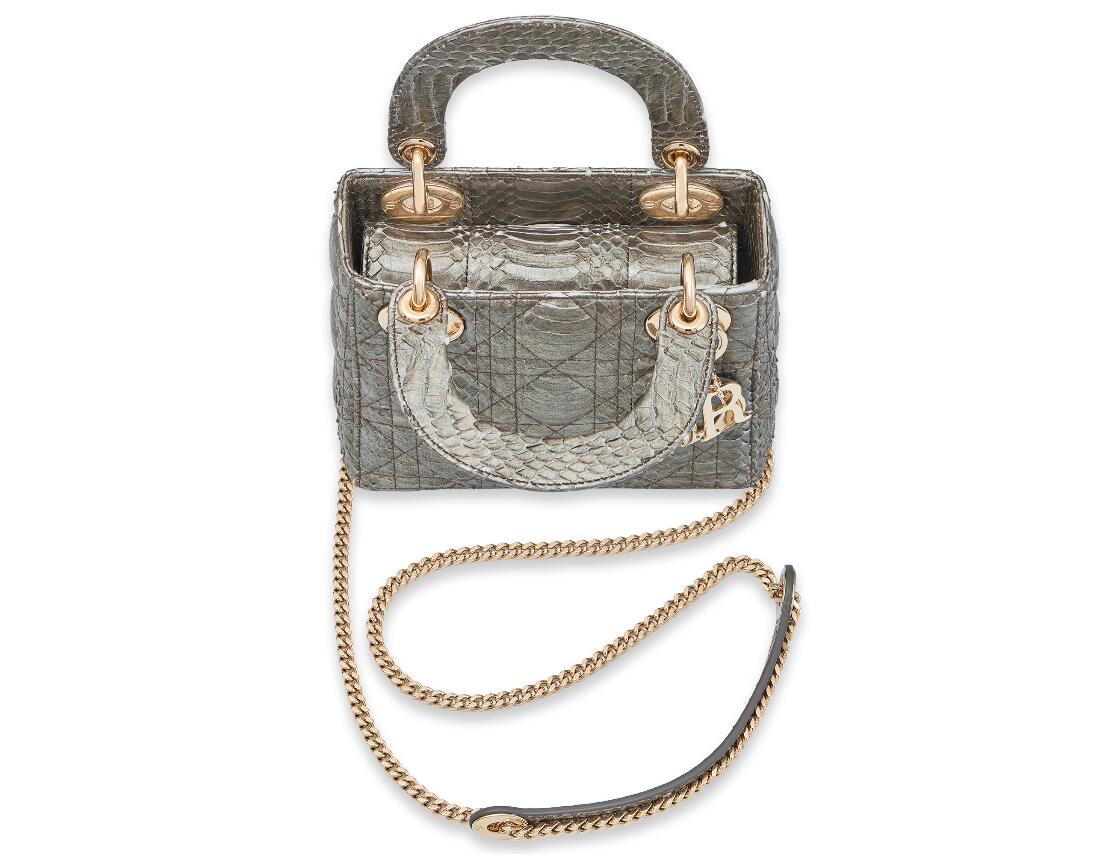 “Lady Dior”银色金属光泽藤格纹猫蛇皮链带袖珍手提包