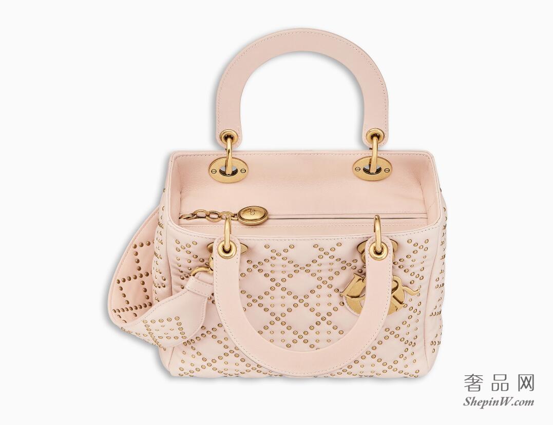 Lady Dior柔粉色小羊皮柔软手提包，缀以饰钉 复古金金属