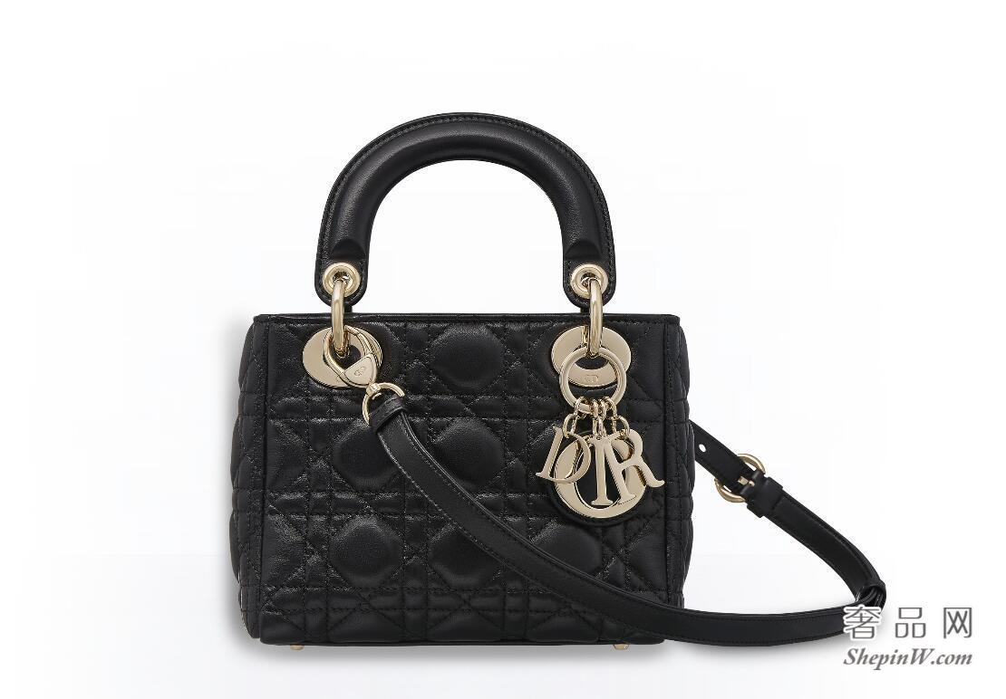 迪奥Lady Dior黑色迷你 藤格纹小羊皮柔软袖珍手提包