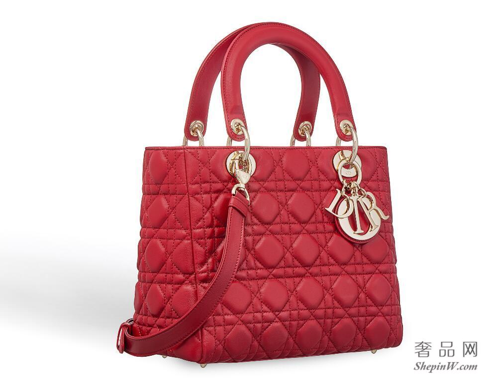 迪奥Lady Dior红色藤格纹小羊皮柔软手提包淡金色金属